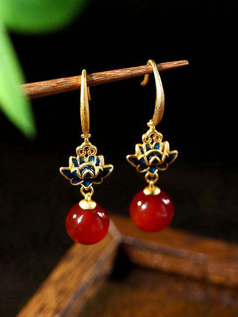 Boucles d'oreilles vintage en alliage de perles rouges en forme de lotus