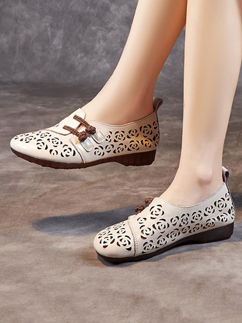 Women Vintage Leather Hollow Out Low Heel Shoes