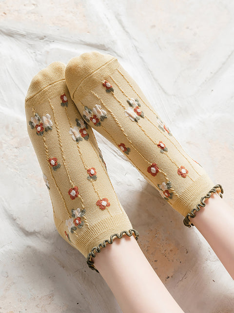 Lot de 5 paires de chaussettes d'été en jacquard à fleurs artistiques pour femmes