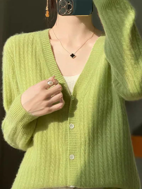 Pull cardigan en tricot à col en V 100 % laine pour femme