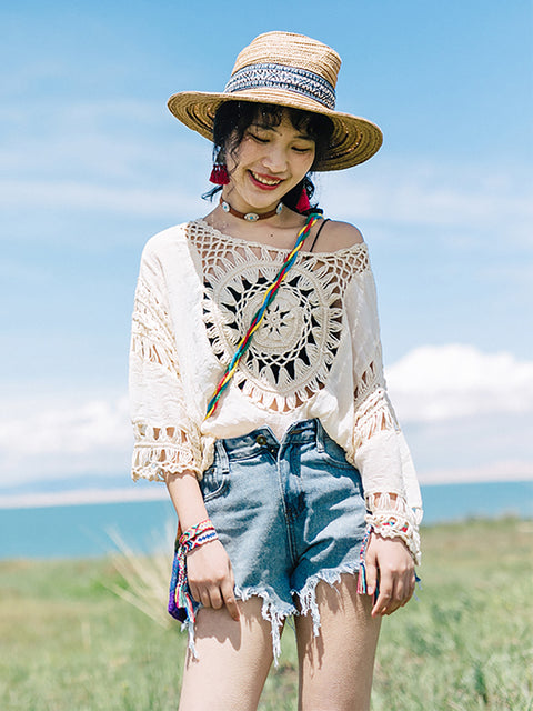 Chemise tricotée ajourée résistante au soleil pour femmes, voyage d'été