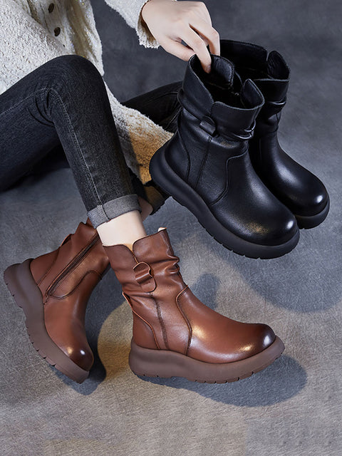 Bottes d'hiver à talons bas en cuir véritable pour femmes