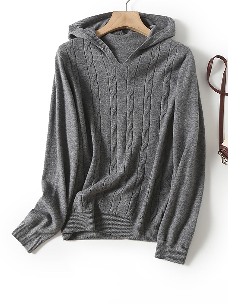 Women Casual Winter Solid Twist Hooded Wool Sweater