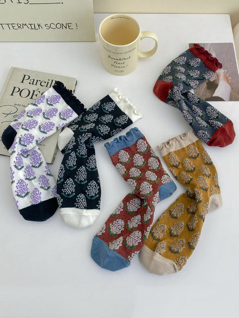 Lot de 5 paires de chaussettes mi-hautes en coton à motif floral artistique pour femmes