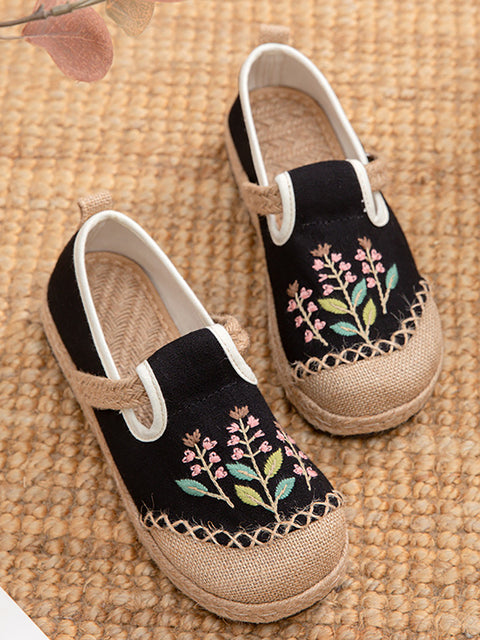 Chaussures plates en lin et coton avec broderies de fleurs ethniques pour femmes