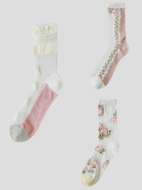 Lot de 3 paires de chaussettes fines élégantes en dentelle fleurie pour femmes