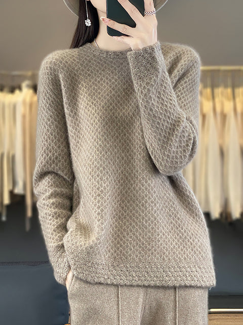 Pull à col rond en laine au crochet pour femme, hiver