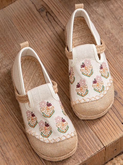 Chaussures plates en lin avec broderies de fleurs ethniques pour femmes