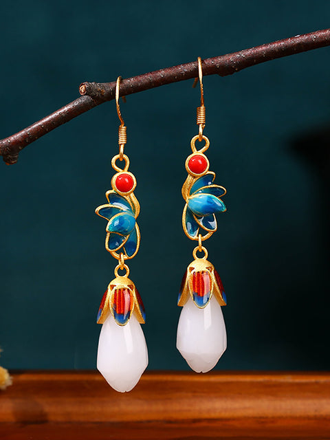 Boucles d'oreilles en argent et jade cloisonné vintage pour femme