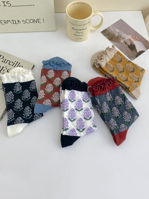 Lot de 5 paires de chaussettes mi-hautes en coton à motif floral artistique pour femmes