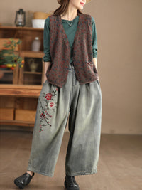 Thumbnail for Women Spring Vintage Flower Embroidery Denim Pants