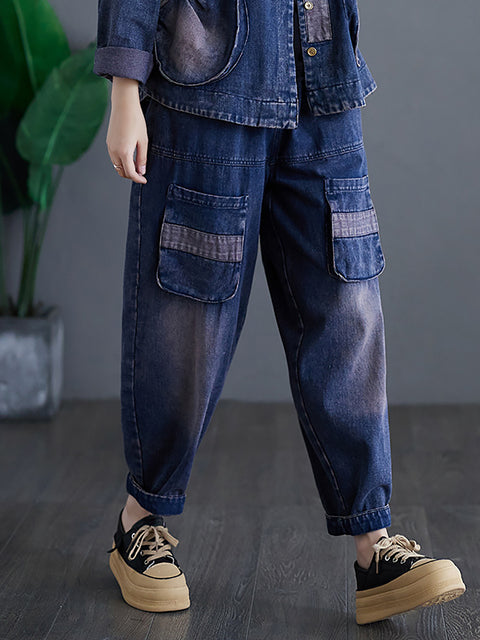 Pantalon en denim lavé épissé décontracté pour femmes