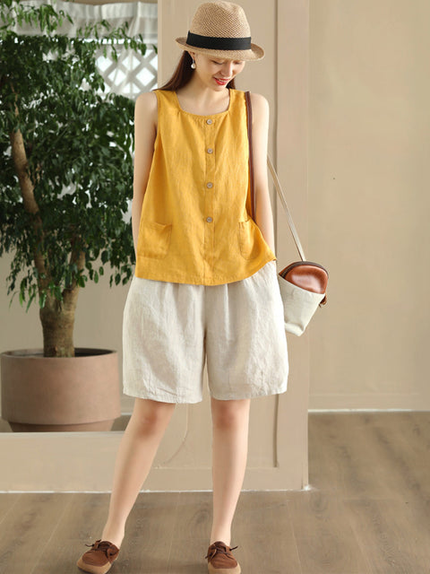 Plus Size Women Summer Solid Loose Button Pocket 100%Linen Vest