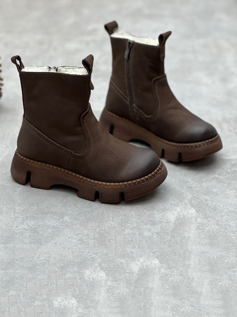 Bottines d'hiver en cuir massif doublées de polaire pour femmes