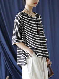 Thumbnail for Women Summer Casual Stripe Loose O-Neck Shirt