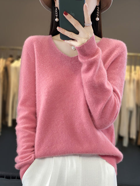 Pull en tricot à col en V de couleur unie pour femme