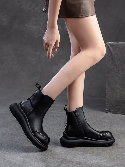 Bottes d'hiver décontractées à talons mi-hauts en cuir avec fermeture éclair pour femmes