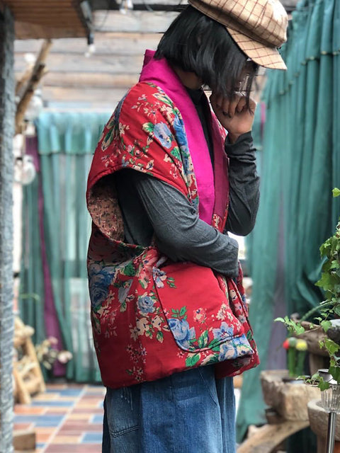 Manteau gilet à col en v épissé à fleurs vintage pour femmes