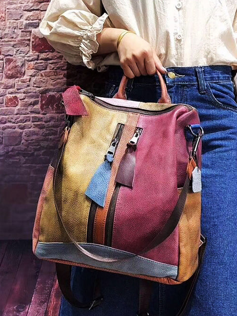 Sac à dos à fermeture éclair en cuir multicolore pour femmes