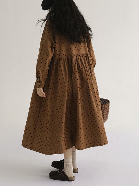 Robe Vintage à Manches Longues Plissée à Pois pour Femmes de Grande Taille