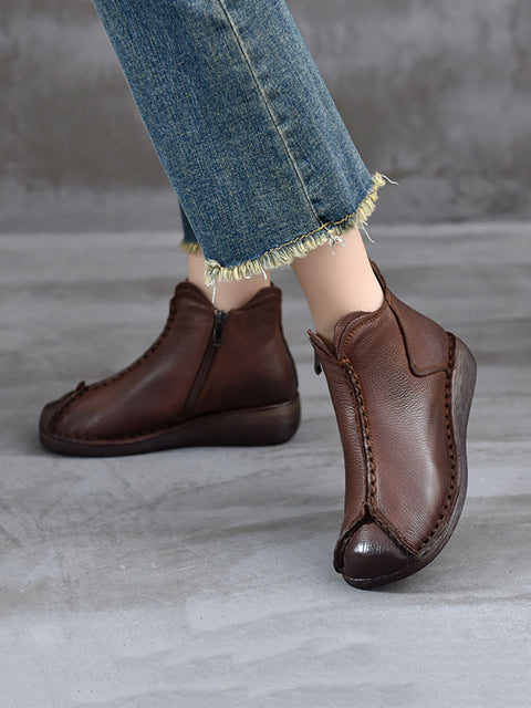 Bottes à talons bas épissées en cuir véritable vintage pour femmes