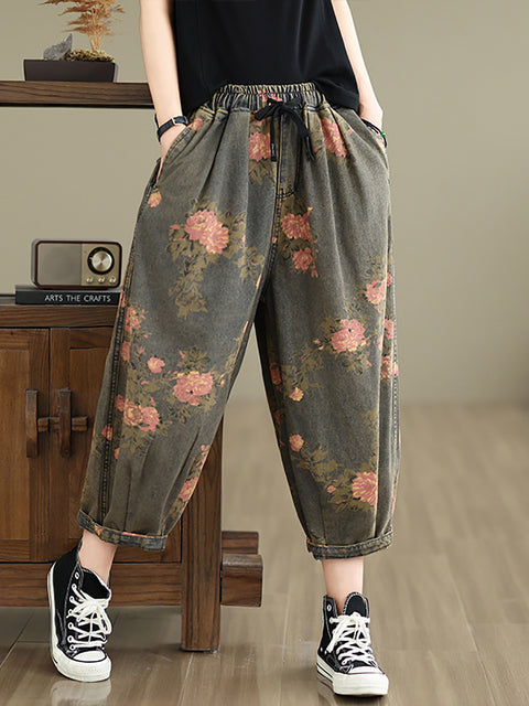 Pantalon ample en denim à fleurs rétro pour femme