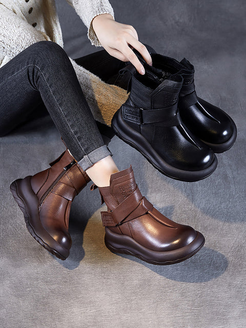 Bottines à plateforme épissées en cuir véritable vintage pour femmes