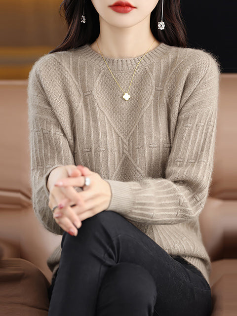 Women Autumn O-Neck Rhomboid 100%Wool Soft Sweater