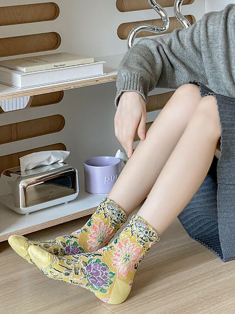 5 paires de chaussettes mi-mollet en jacquard à fleurs vintage pour femmes