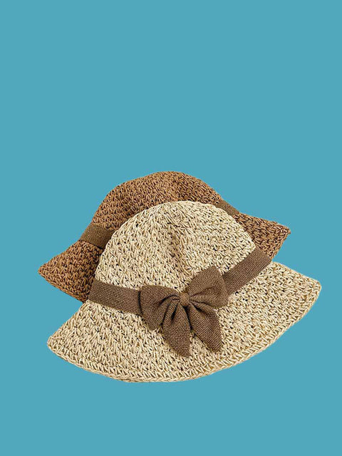 Chapeau de soleil en paille tricoté avec nœud papillon pour femme