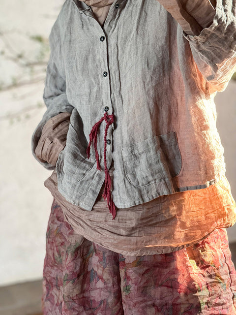 Chemise à capuche boutonnée unie en lin vintage pour femme