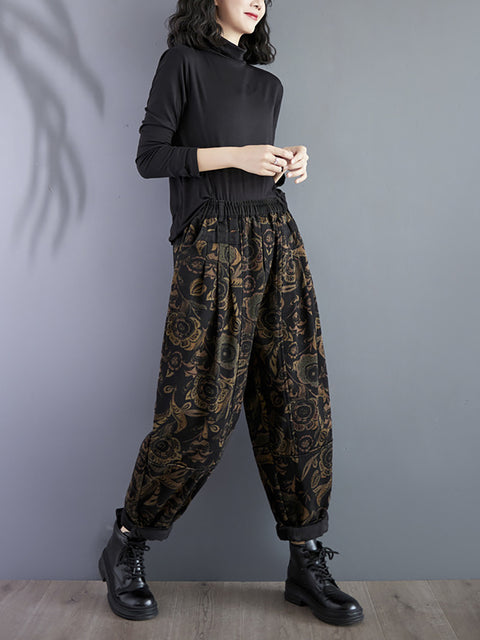 Pantalon sarouel rétro à fleurs pour femme, doublé en polaire, hiver