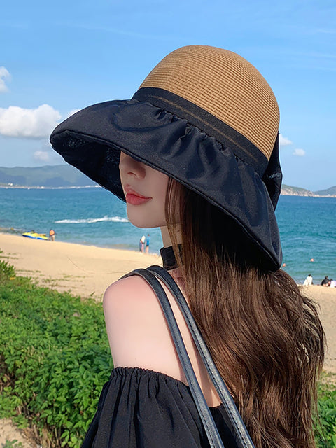 Women Summer Colorblock Straw Bowknot Sunproof Hat