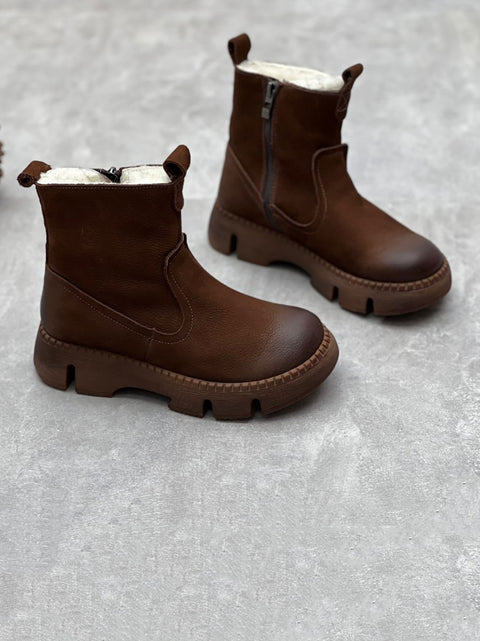 Bottines d'hiver en cuir massif doublées de polaire pour femmes