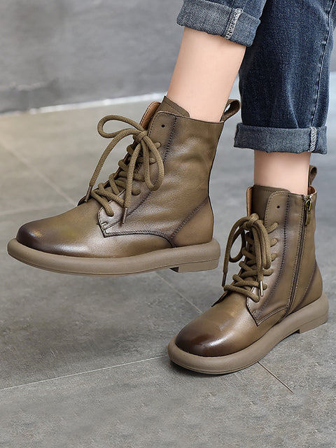 Bottes Martin à talon moyen et fermeture éclair souple en cuir véritable pour femmes