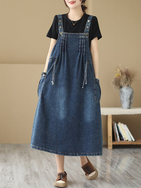 Robe en jean rétro plissée avec poches et cordon de serrage pour femmes, été