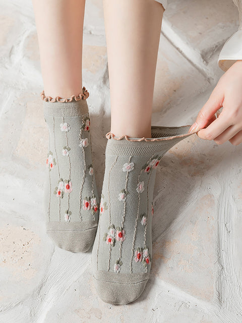 Lot de 5 paires de chaussettes d'été en jacquard à fleurs artistiques pour femmes