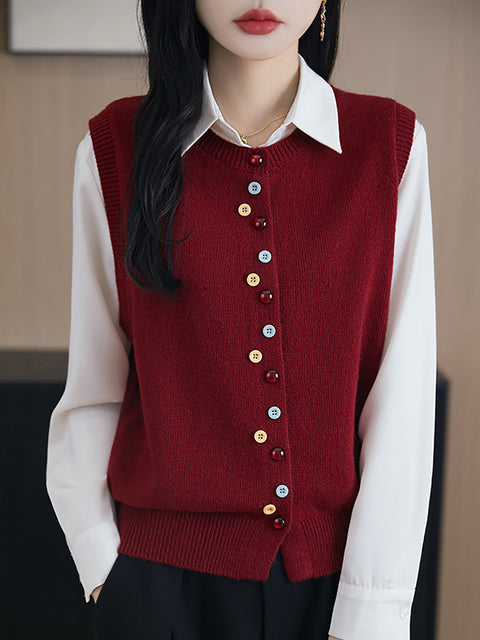 Women Spring Casual O-Neck Colorful Button Knit Vest