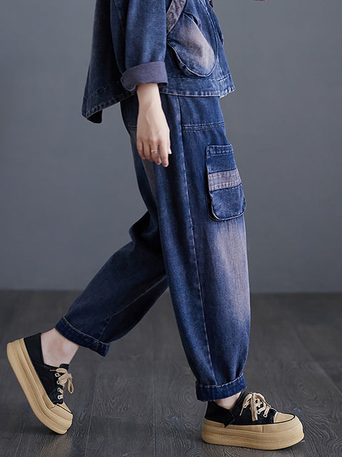 Pantalon en denim lavé épissé décontracté pour femmes