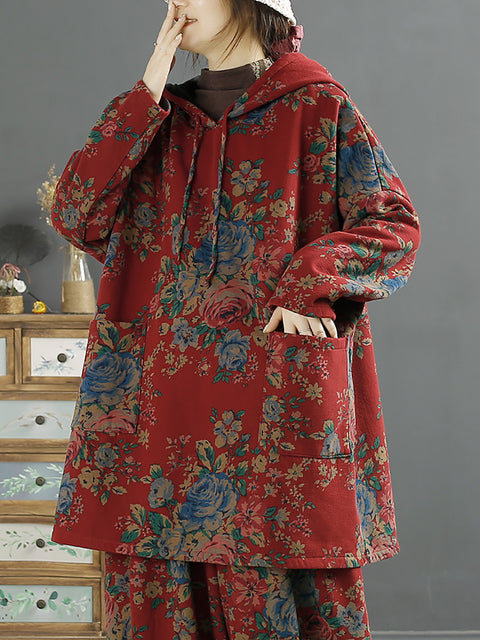 Chemise à capuche chaude d'automne à fleurs vintage pour femmes de grande taille