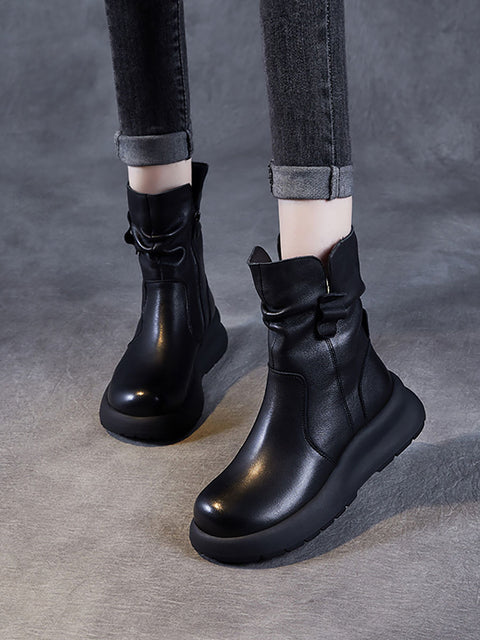 Bottes d'hiver à talons bas en cuir véritable pour femmes