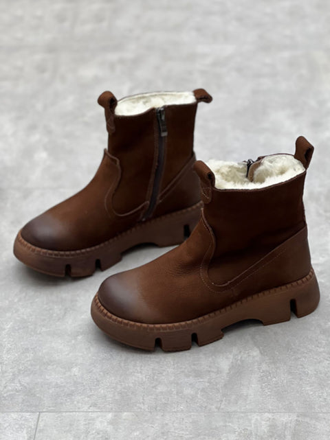 Bottines d'hiver en cuir massif doublées de polaire pour femmes