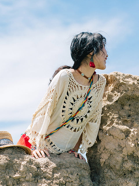 Chemise tricotée ajourée résistante au soleil pour femmes, voyage d'été