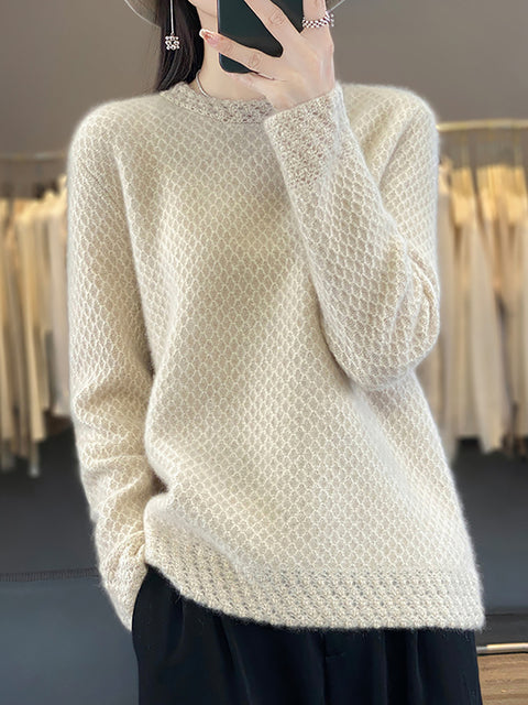 Pull à col rond en laine au crochet pour femme, hiver