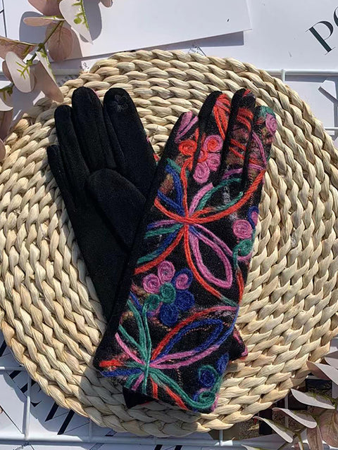 Gants de cyclisme chauds avec broderie de fleurs ethniques pour femmes