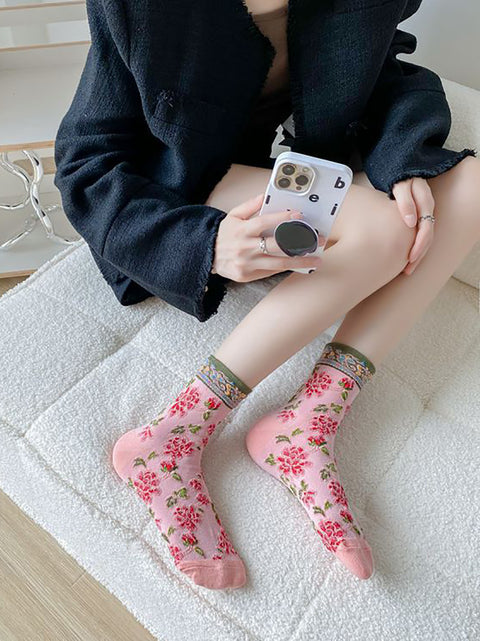 5 paires de chaussettes en coton jacquard floral vintage pour femmes