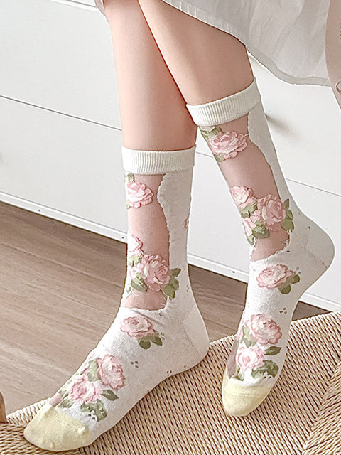 Lot de 3 paires de chaussettes fines élégantes en dentelle fleurie pour femmes