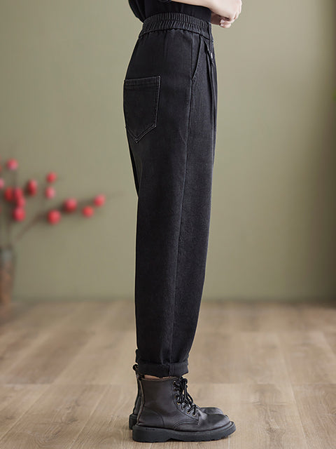 Pantalon sarouel en denim décontracté doublé polaire pour femme