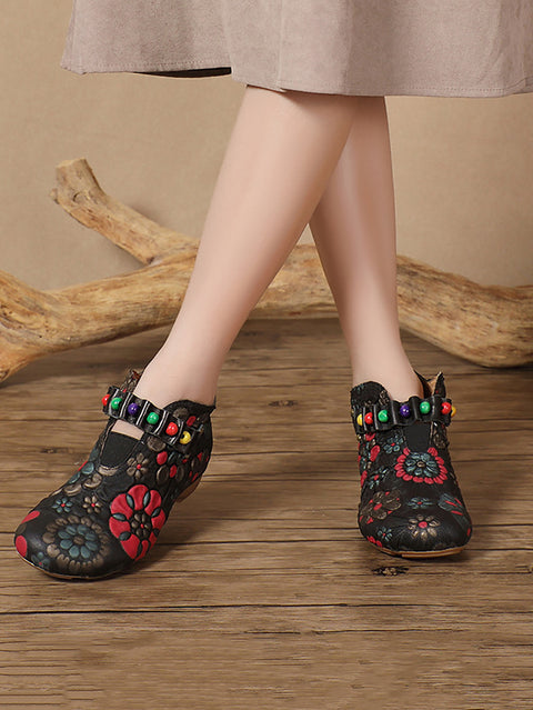 Women Ethnic Flower Embossing Leather Bead Low Heel Shoes