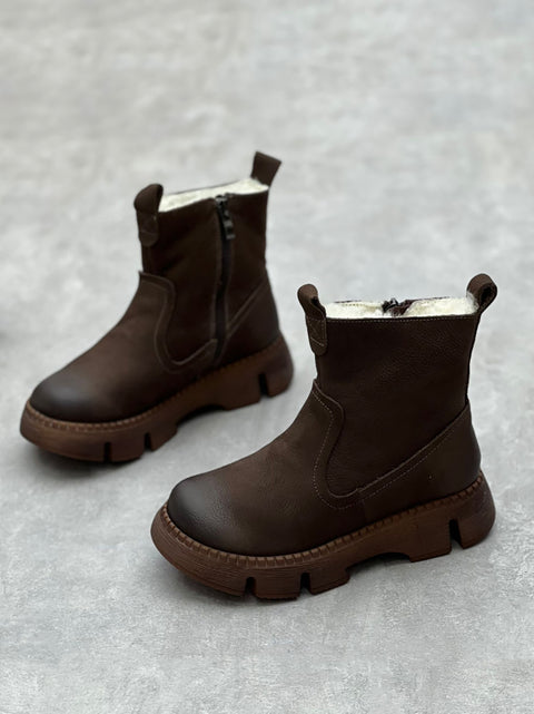 Bottines d'hiver en cuir massif doublées de polaire pour femmes